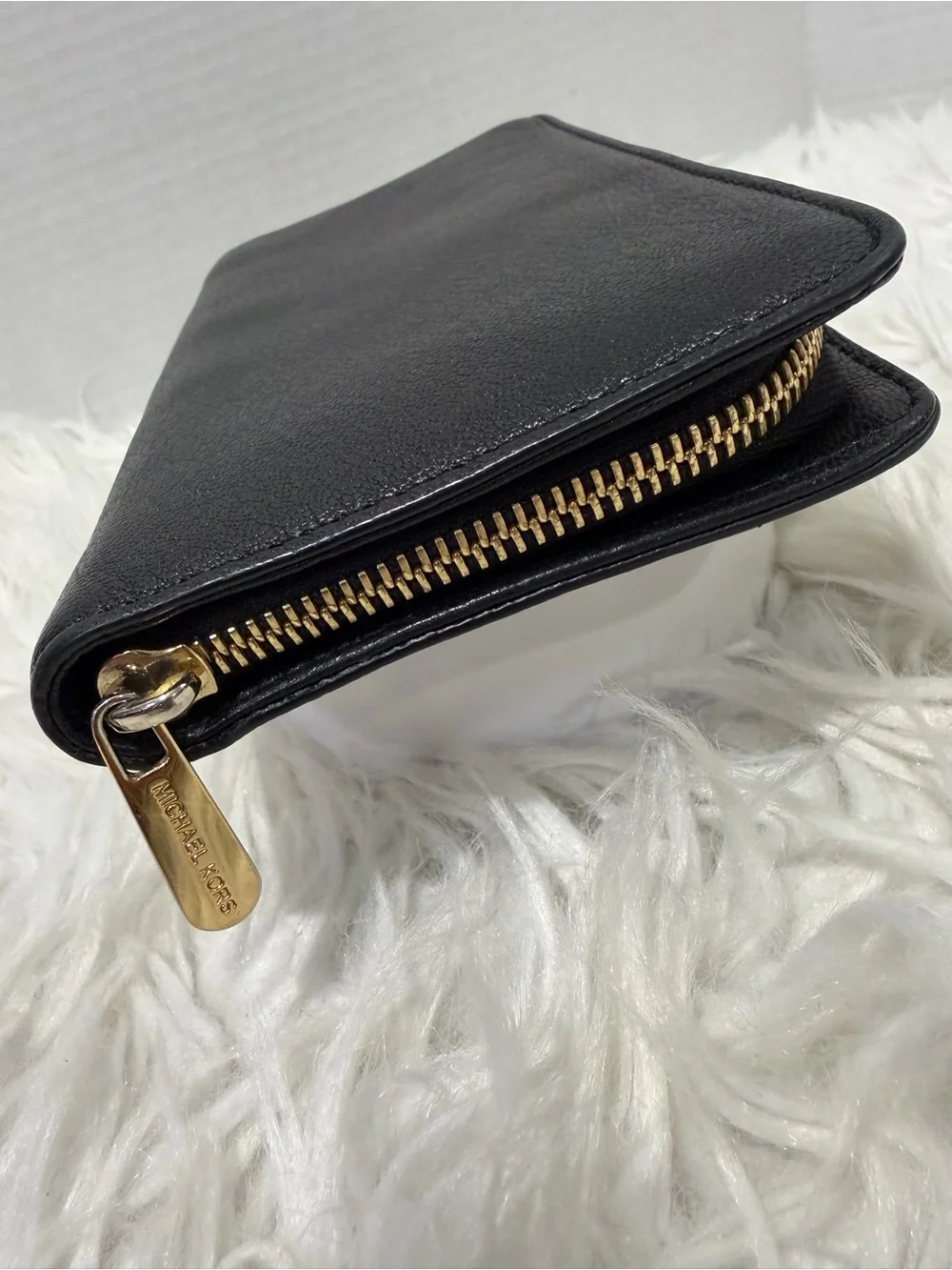 Michael Kors Black Leather Continental Wallet with Gold MK Lock
